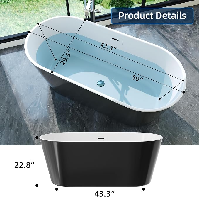 59'' Acrylic Freestanding Bathtub, Deep Soaking Tub - Image 3