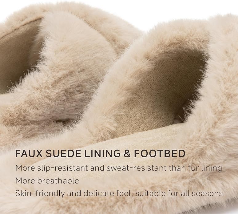 Chantomoo Womens Slippers Memory Foam Fuzzy Cross Band Faux Fur Slippers - Image 3