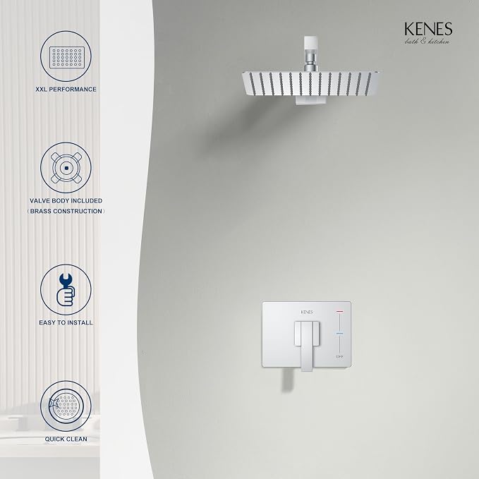 KENES Modern Polished Chrome 10-Inch Shower Head and Handle Set, Square Shower - Image 9