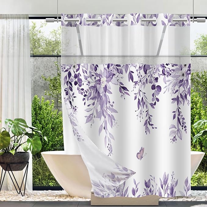 No Hook Shower Curtain and Liner Set, Light Purple Eucalyptus Floral Shower by TWLSNCD