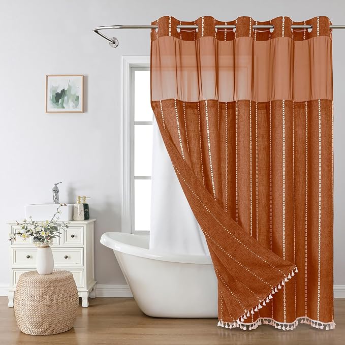Boho Farmhouse No Hook Shower Curtain Set by EACHOPE