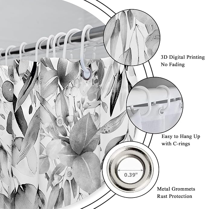 Riyidecor Grey Eucalyptus Leaves Shower Curtain - Image 6