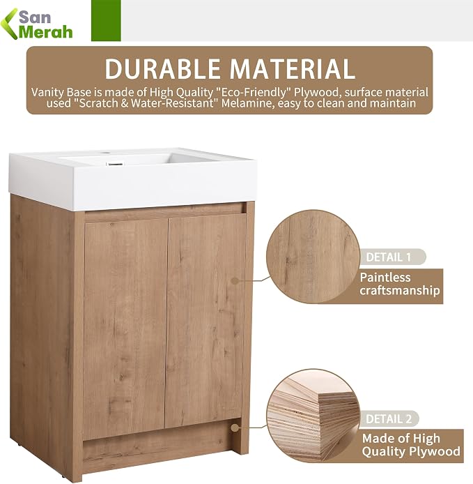 24 inch Bathroom Vanity with Sink, Bathroom Vanity Cabinet W/Resin Sink - Image 5