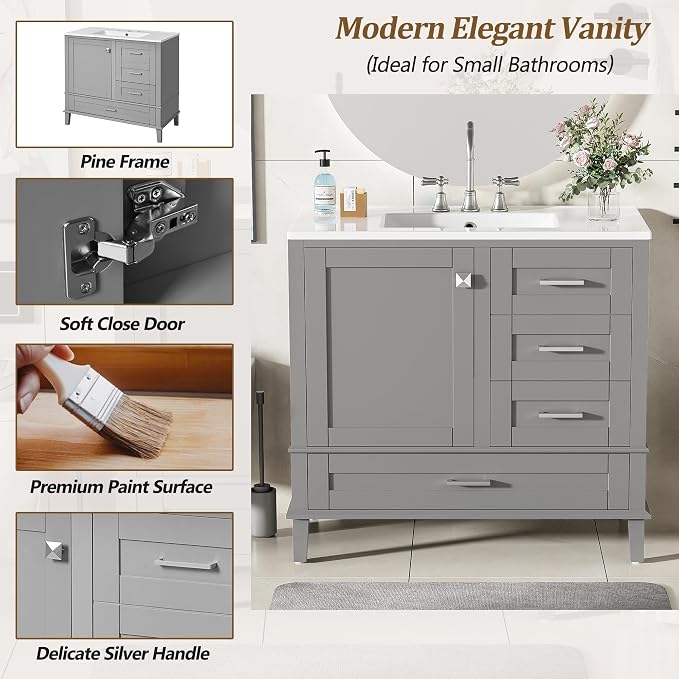 36" Bathroom Vanity with Solid Pine Frame, 1 Soft Close Door and 3 Drawers - Image 4