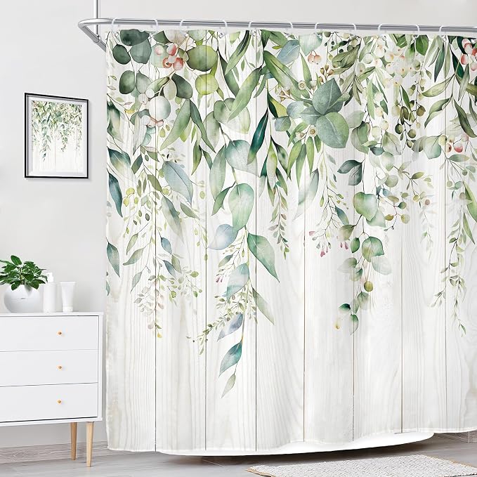 Riyidecor Sage Green Eucalyptus Leaves Shower Curtain - Image 2