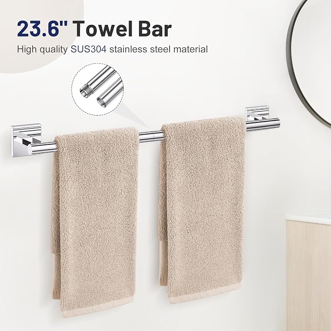 5 Pieces Bathroom Hardware Set Polished Chrome Towel Bar Set Includes 23.6” - Image 2