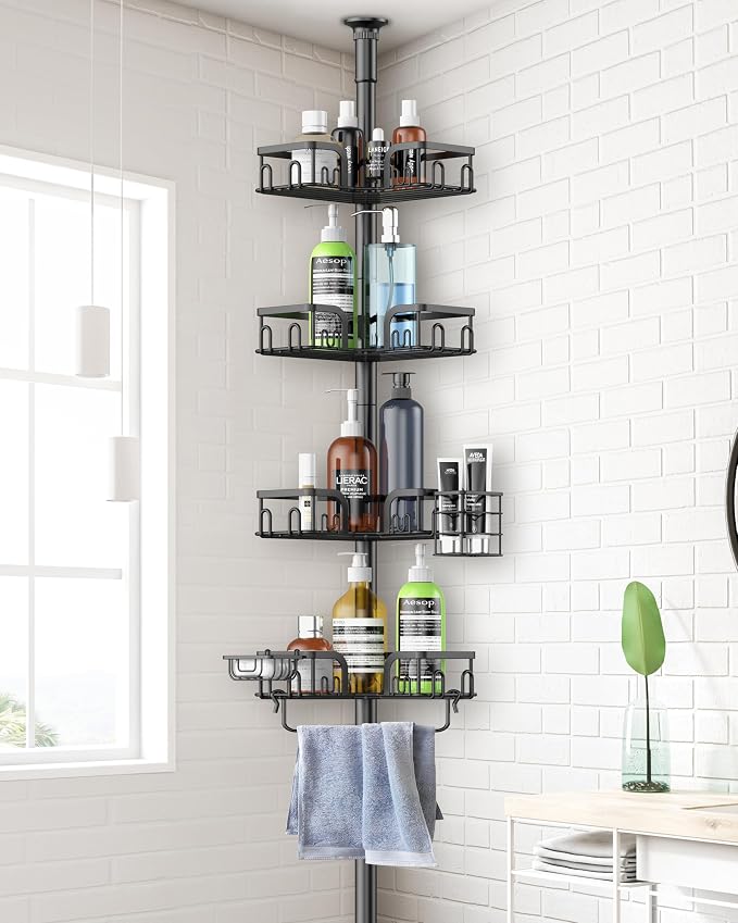 Corner Shower Caddy Tension Pole, 4-Tier Rustproof Bathroom Organizer Storage by Clothink