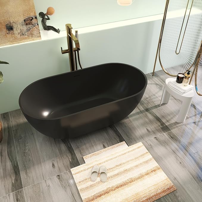59" Premium Matte Black Solid Surface Freestanding Bathtub, Modern Design Stone by HIGEINE