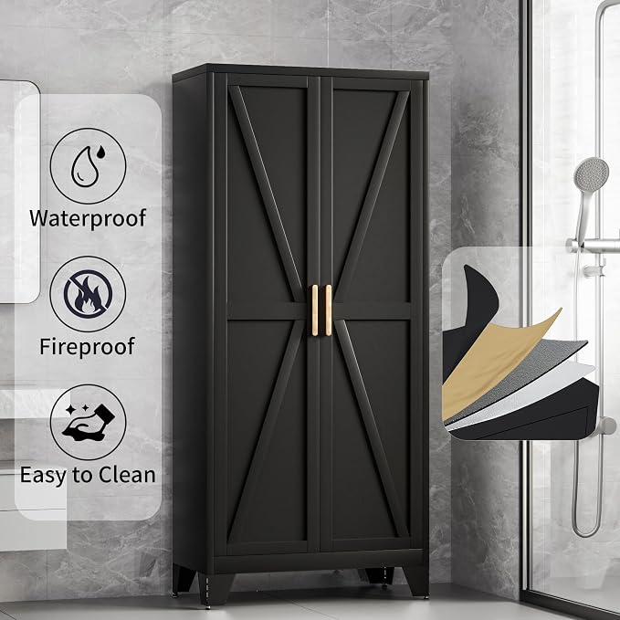 61H Metal Storage Cabinet with 2 Doors and Adjustable Shelves, Farmhouse - Image 9