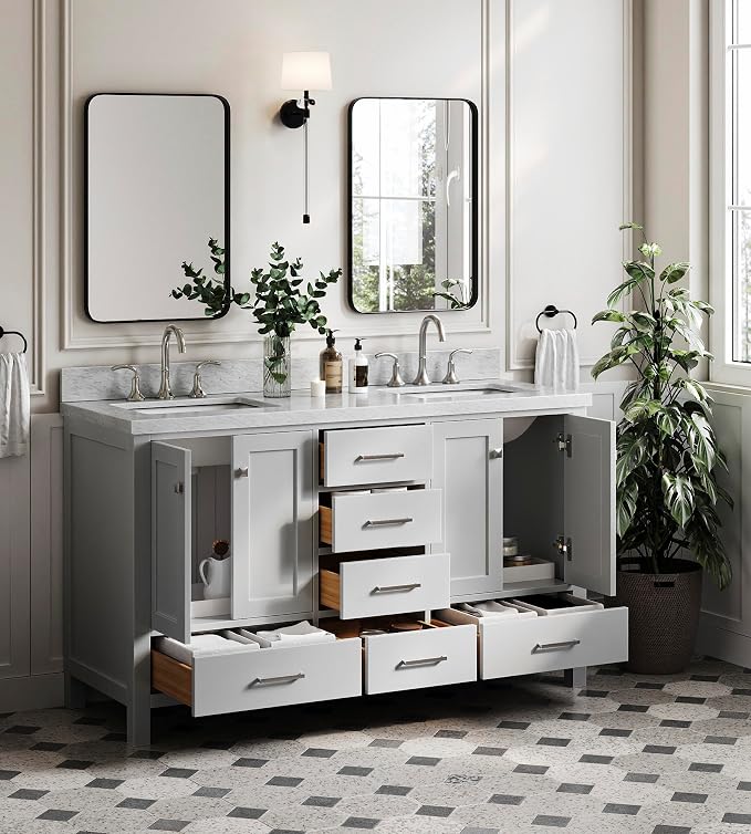 ARIEL Cambridge 61 Inch Grey Bathroom Vanity Double Sink, Solid Wood, Carrara - Image 4