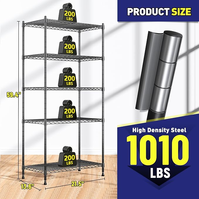 5-Tier Shelf, Shelves Capacity 1010LBS, Storage Shelves Adjustable Wire Shelving - Image 3