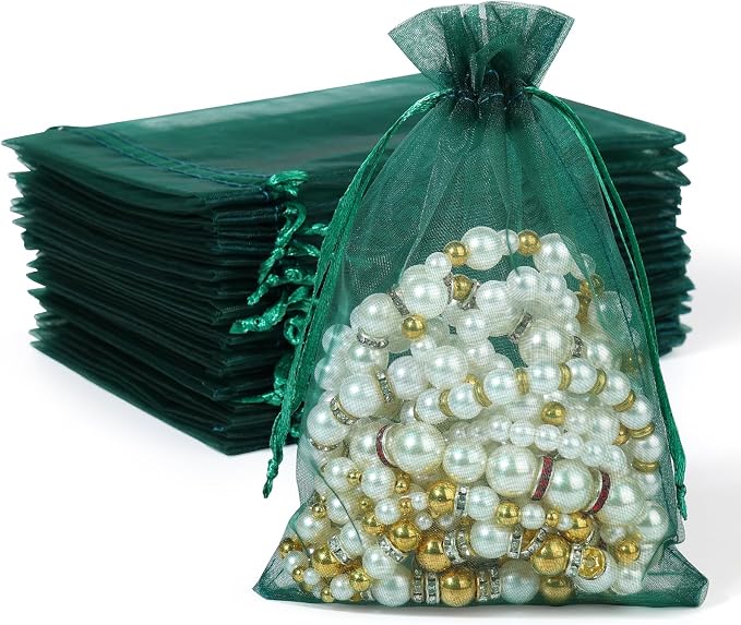 Hopttreely 100PCS Dark Green Organza Bags, 4X4.72 inch Mesh Bags Drawstring by Hopttreely