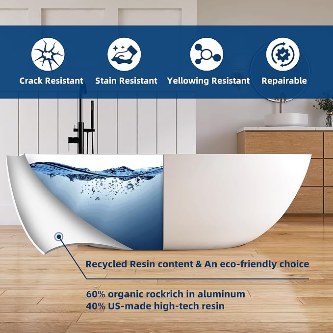 71'' Freestanding Solid Surface Resin Stone Bathtub, Freestanding Tub, - Image 3
