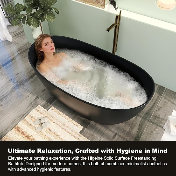 65" Premium Solid Surface Freestanding Bathtub, Upgraded Modern Design Stand - Image 8
