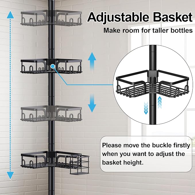 Corner Shower Caddy Tension Pole, 39-113 inch Adjustable Rustproof Floor - Image 3