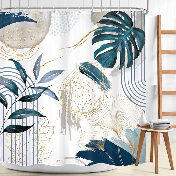 Navy Blue Boho Shower Curtain 72Wx72H Modern Mid Century Abstract Gold Tropical - Image 2