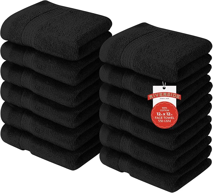 RIVERSIDE 12 Pack Premium 100% Cotton Face Washcloths, 550 GSM, 12 x 12 Inches by RIVERSIDE