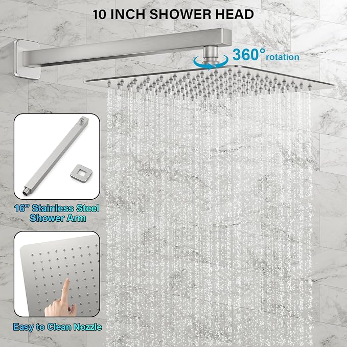 Shower Faucet Set Bathroom Square Rain Shower Head and Handle Set, Wall Mounted - Image 4