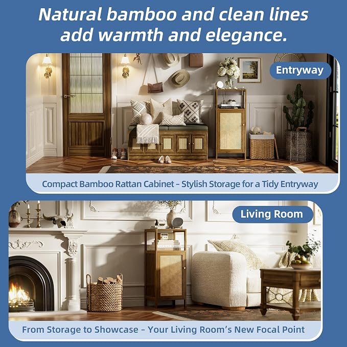 HITNET Rattan Bathroom Floor Cabinet, Bamboo Storage Cupboard - Image 7
