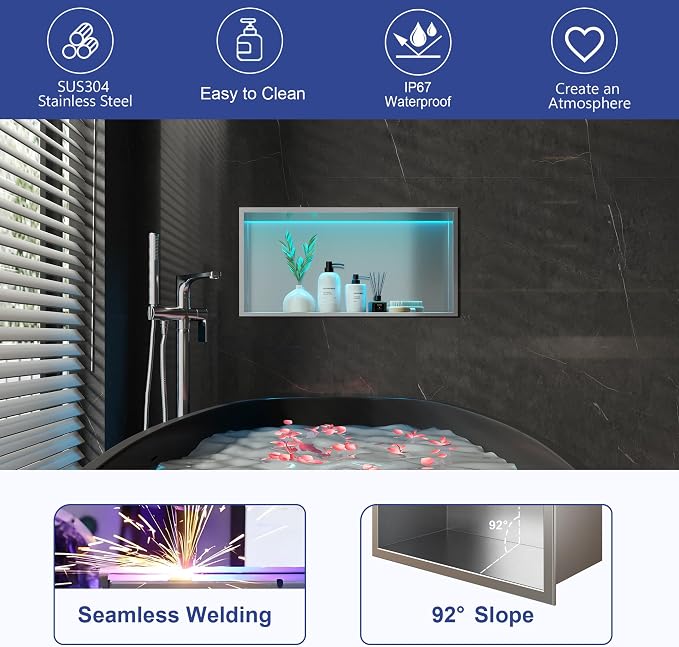 RGB LED Light Shower Niche, Brushed 24X12 in Stainless Steel Wall Cabinet - Image 6