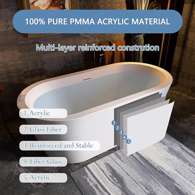 61 in. x 31 in.Classic Oval Acrylic Free Standing Tub, Heavy Duty Deep Soaking - Image 6
