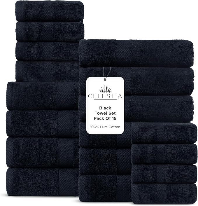 100% Cotton Bath Towel Set of 18-4 Bath Towels, 6 Hand Towels, 8 Wash Cloths by VillaCelestia