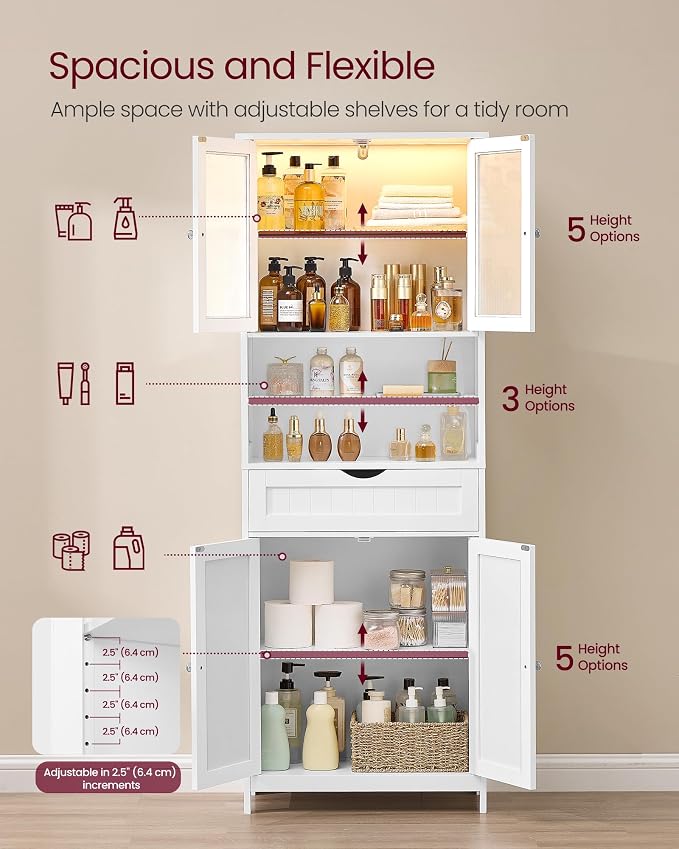VASAGLE Storage Cabinet with LED Lights, Freestanding Storage Unit with - Image 5
