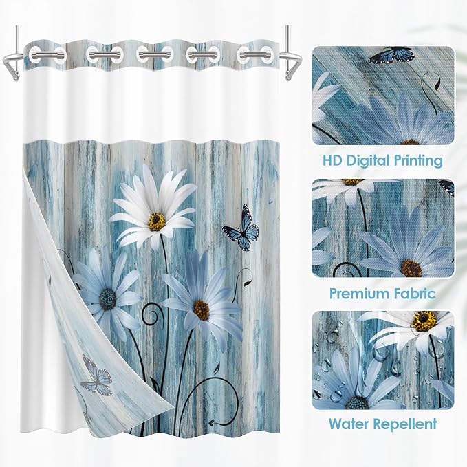 No Hook Blue Daisy Shower Curtain - Image 2