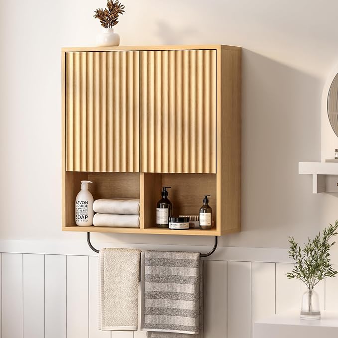 Fluted Wall Cabinet, Modern Wood Floating Bathroom Cabinet by EYYTHUNG