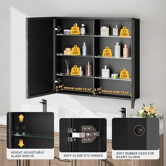 40x30 Pre-Assembled Black Medicine Cabinet - Image 7