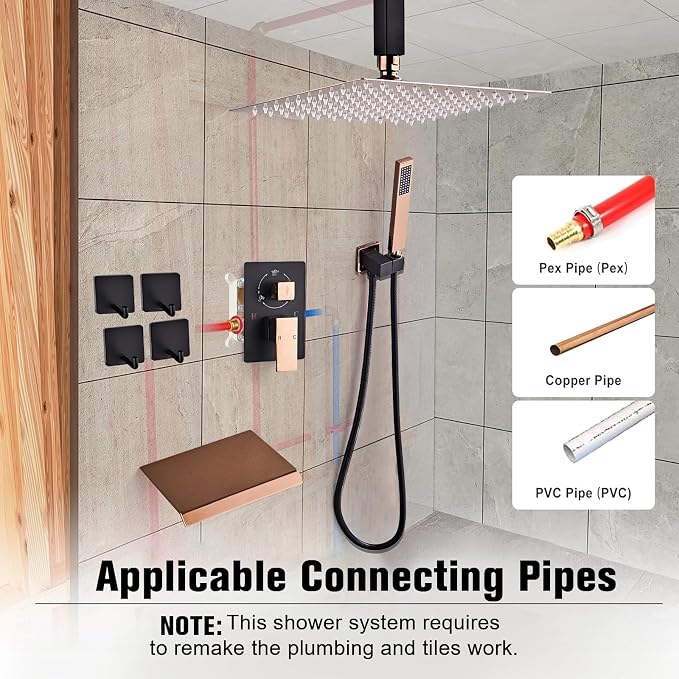 12 Inch Ceiling Mount Shower System Matte Black Gold Rain Mixer Shower Combo - Image 3