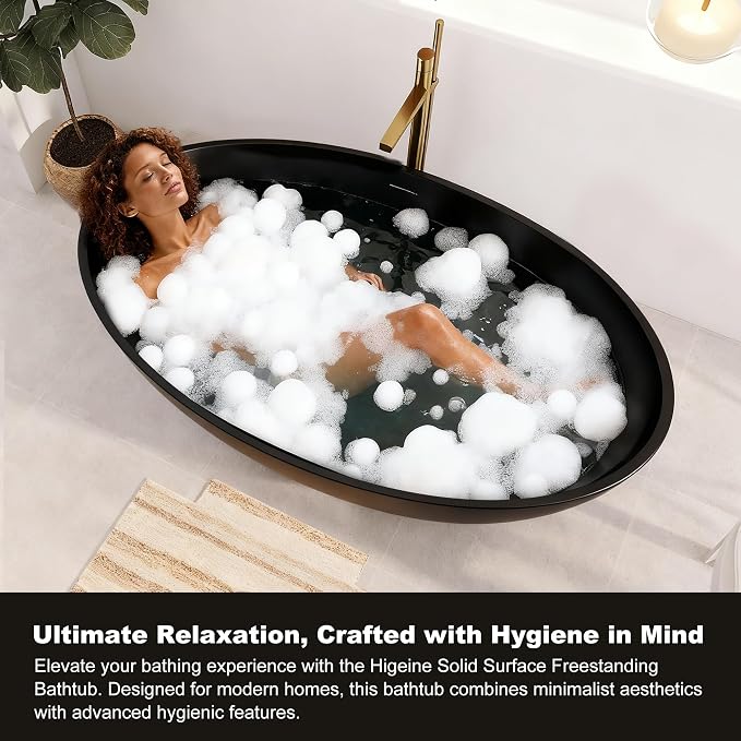 67" Premium Solid Surface Freestanding Bathtubs, Matte Black Oval Stone Resin - Image 6