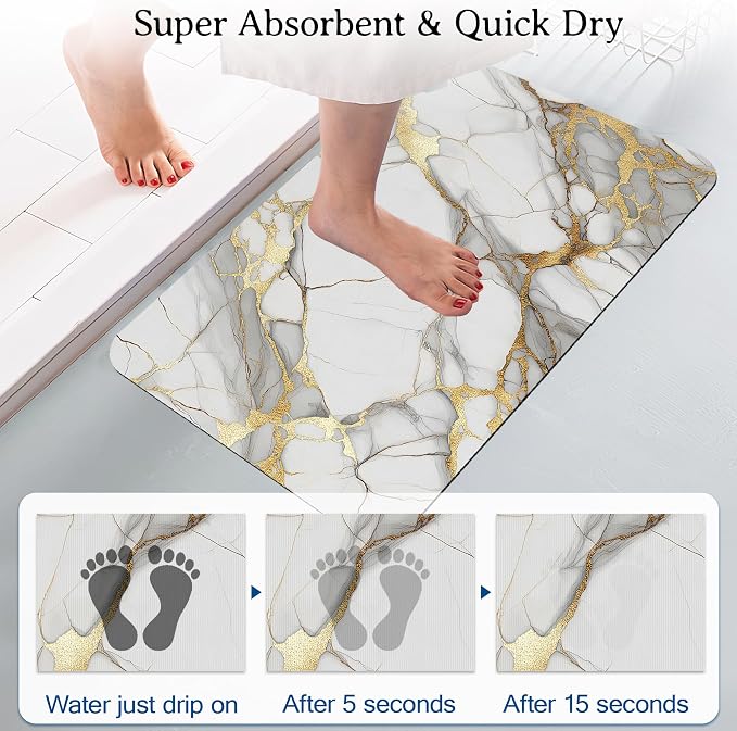 Bath Mat White Gold Marble Bathroom Rug, Soft and Non Slip Abstract Bath Rugs - Image 3