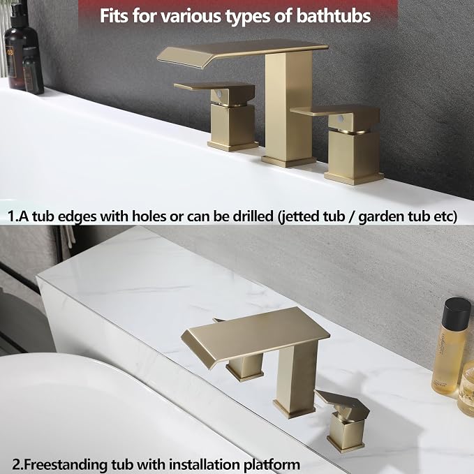 Roman Tub Faucet Two Handle Waterfall Spout Brushed Gold 3 Hole Bathtub Faucet - Image 4