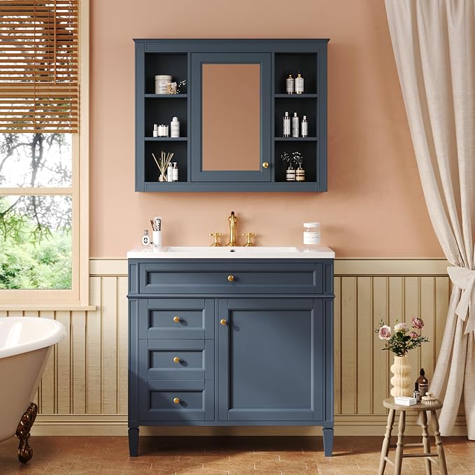 36" Bathroom Vanity with Matching Medicine Cabinet, Modern Sink Storage Cabinet by Virubi