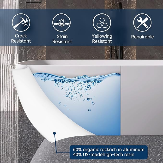 67'' Freestanding Bathtub Resin Stone Deep Soaking Tubs Solid Surface Matte Tub - Image 6