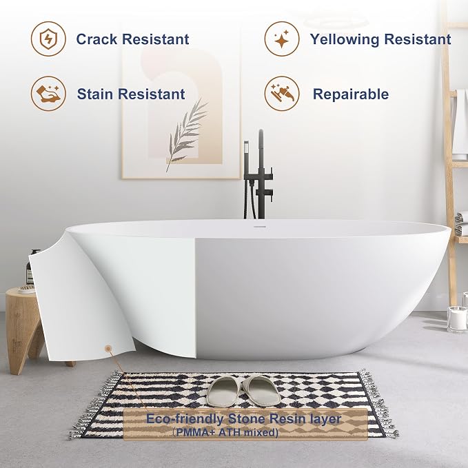 SJ STAR&JANE 71" x 35" SJ STAR&JANE Solid Surface Freestanding Bathtub Stone - Image 4