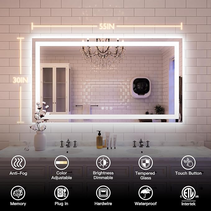 ISKM 55'' x 30'' LED Mirror for Bathroom Lighted Vanity Mirror for Wall Front - Image 7