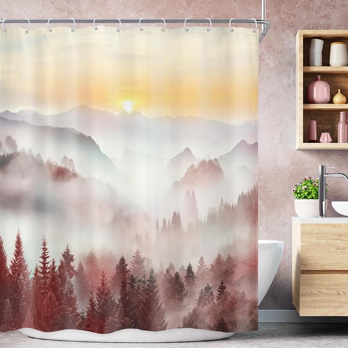 Riyidecor Misty Mountain Shower Curtain 60Wx72H Inch Red Sunrise Nature Scenery by Riyidecor