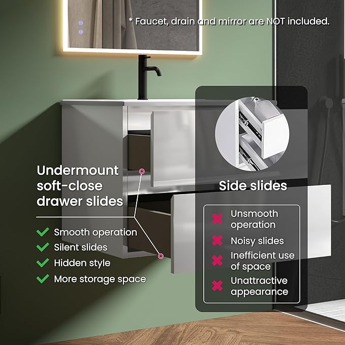 24" Bathroom Vanity with Sink, Modern Floating Vanity with Double Soft Closing - Image 6
