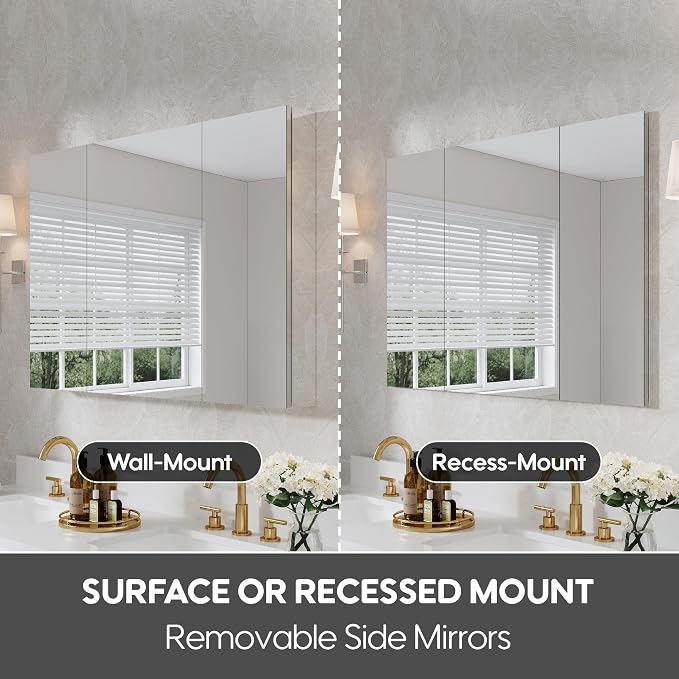 WELLFOR 44" x 30" Rectangle Medicine Cabinet Mirror, Surface Mount or Recessed - Image 4