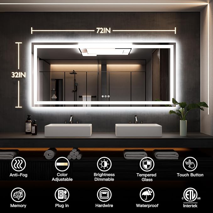 ISKM 72'' x 32'' LED Mirror for Bathroom Lighted Vanity Mirror for Wall Front - Image 7