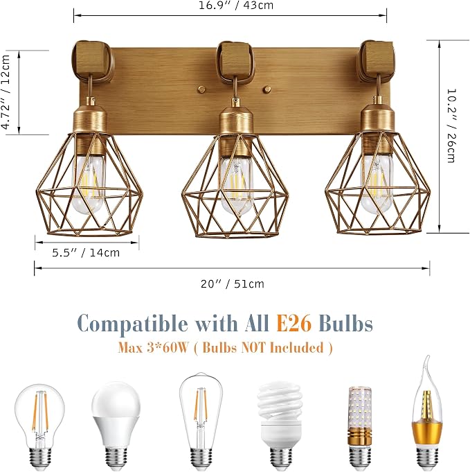 Farmhouse Bathroom Light Fixtures, 3-Light Gold Bathroom Vanity Light, Rustic - Image 4