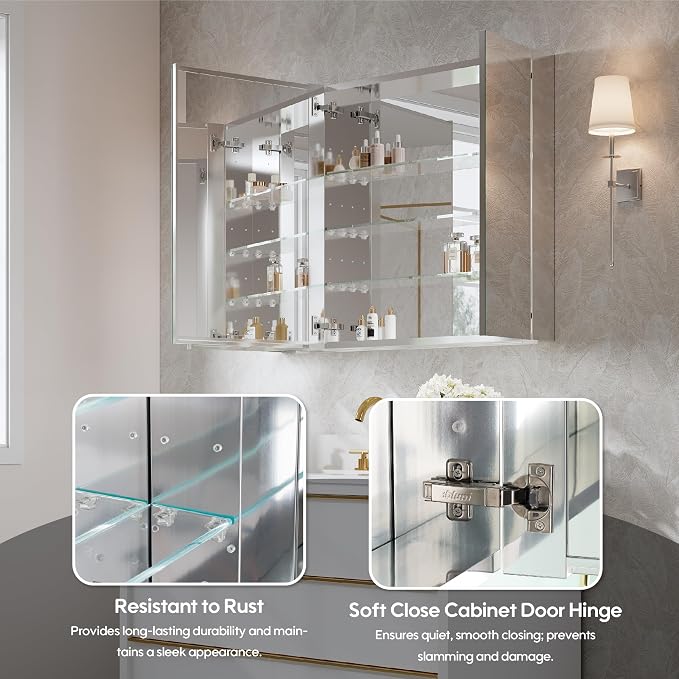 WELLFOR 40" x 30" Bathroom Medicine Cabinet, Anodized Chrome Aluminum Frame - Image 4