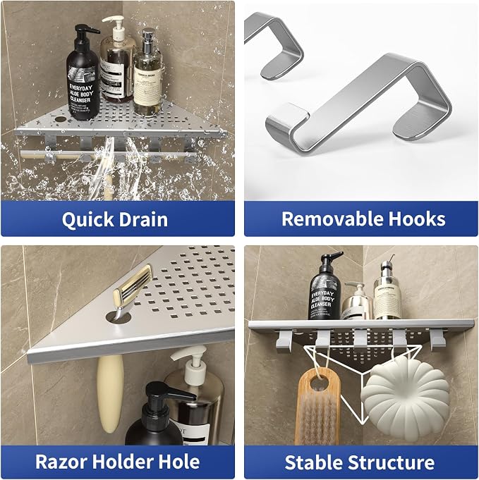 Grout in Shower Shelves with Hooks, 304 Stainless Steel Corner Bathroom Shelf - Image 2