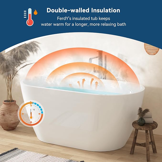 FerdY Bali 55" Freestanding Bathtub, Glossy White Freestanding soaking tub - Image 2