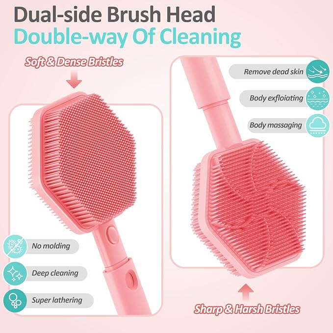 Silicone Back/Face Scrubber & Bath Glove Set 3PCS, Extendable Back Scrubber - Image 8