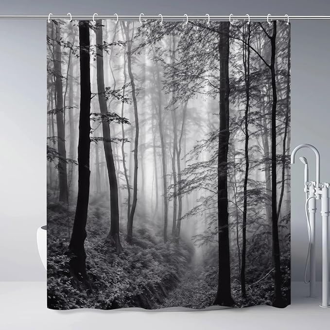 Misty Forest Shower Curtain Black White Foggy Nature Landscape Grey Fantasy Fog - Image 2