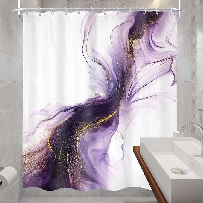 Cinbloo Purple Shower Curtain 60Wx72H Abstract Marble Ombre Gold Bathroom Decor - Image 4