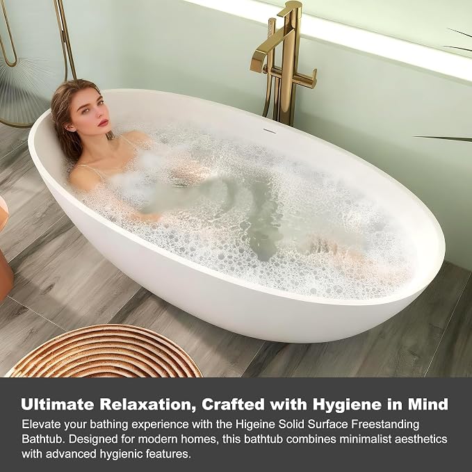 Upgraded 61" Solid Surface Freestanding Bathtub, Oval Stone Resin Tub - Image 6